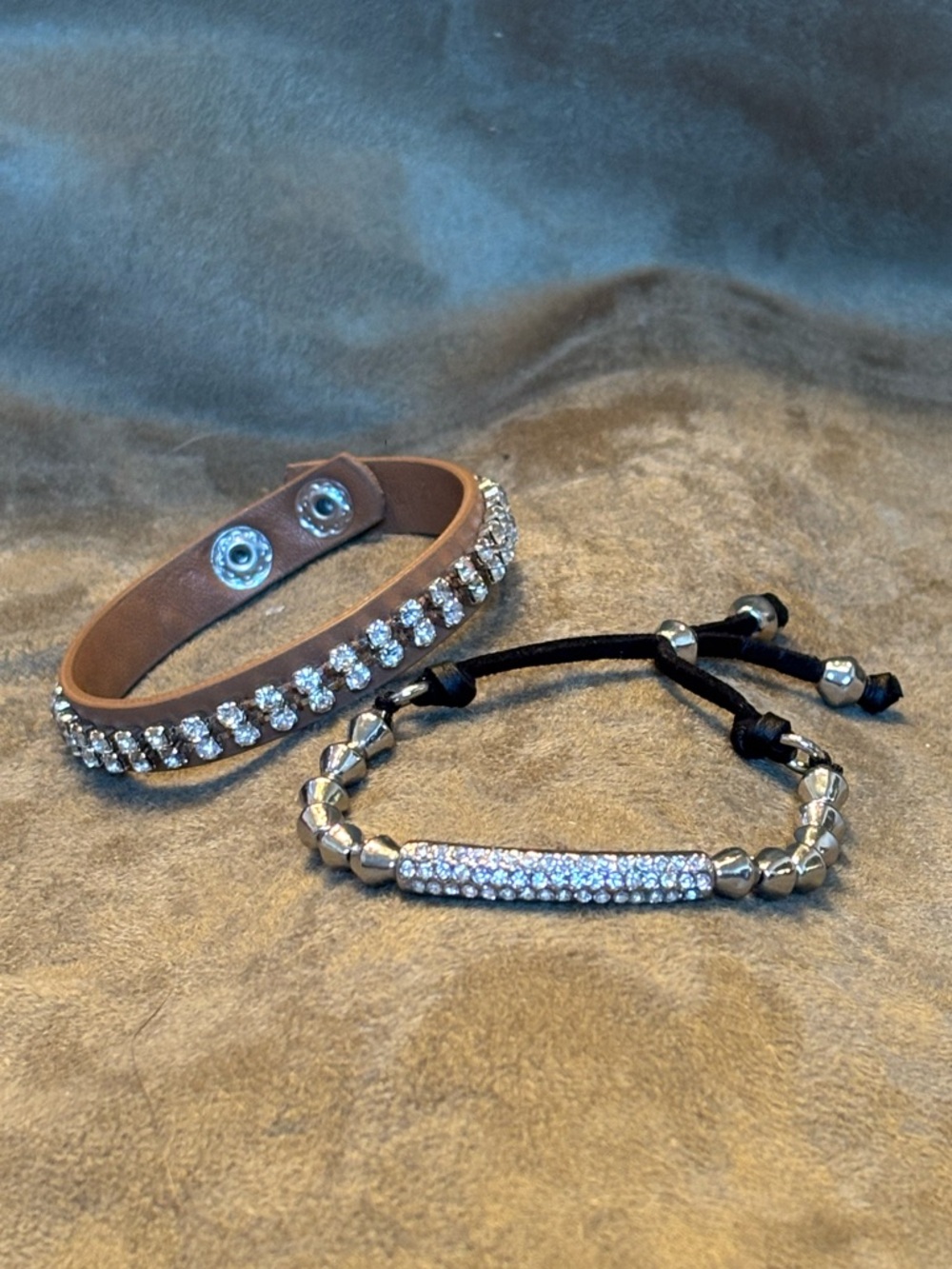 2 Bracelets-Tan SnapOn style & Rhinestones. A Black w/Silver Beads &Rhinestones
